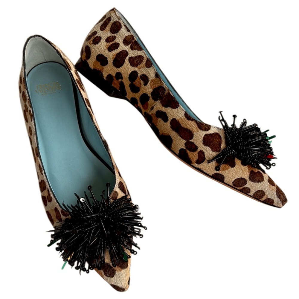 Frances Valentine Leopard Print Pointed Toe Flats with Black Beaded Pom
